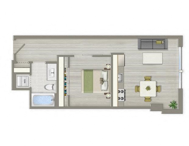 Floor plan for 1 bed, 1 bath, 553 sqft